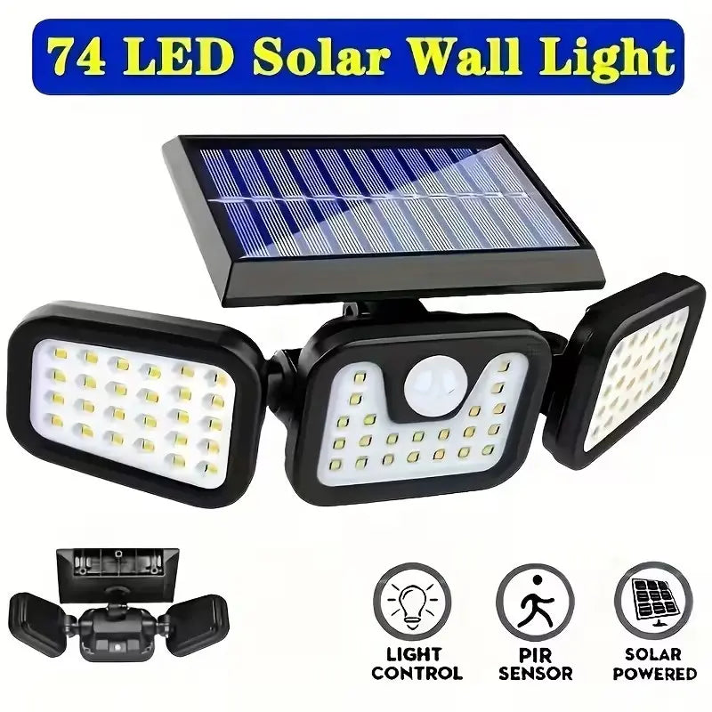 Solar Triple-Head Motion Sensor Wall Light with 3000 Lumens, 74 LEDs, 270° Wide Angle, and 2400mAh Battery for Outdoor Use
