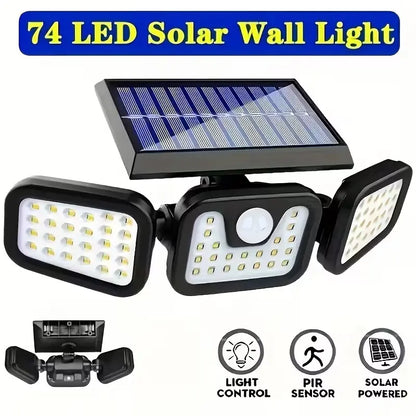 Solar Triple-Head Motion Sensor Wall Light with 3000 Lumens, 74 LEDs, 270° Wide Angle, and 2400mAh Battery for Outdoor Use