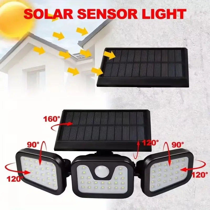 Solar Triple-Head Motion Sensor Wall Light with 3000 Lumens, 74 LEDs, 270° Wide Angle, and 2400mAh Battery for Outdoor Use