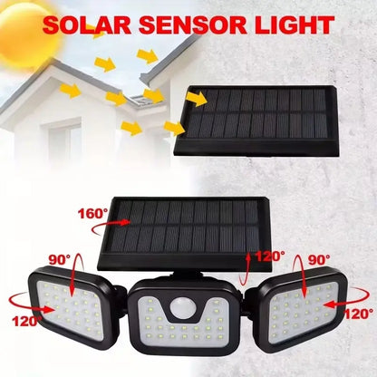 Solar Triple-Head Motion Sensor Wall Light with 3000 Lumens, 74 LEDs, 270° Wide Angle, and 2400mAh Battery for Outdoor Use