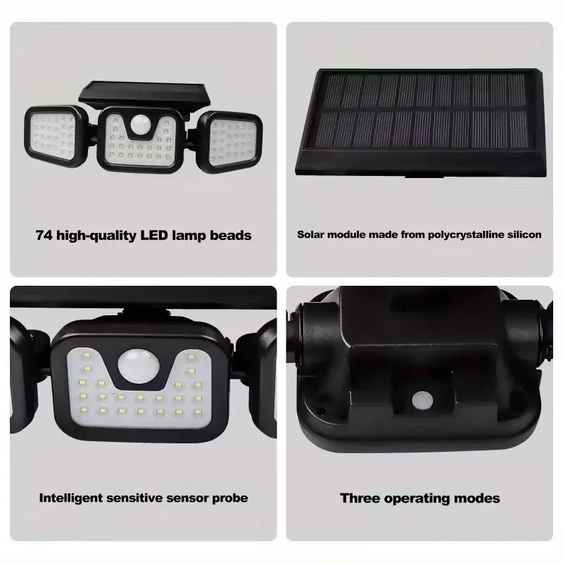 Solar Triple-Head Motion Sensor Wall Light with 3000 Lumens, 74 LEDs, 270° Wide Angle, and 2400mAh Battery for Outdoor Use