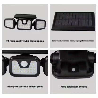 Solar Triple-Head Motion Sensor Wall Light with 3000 Lumens, 74 LEDs, 270° Wide Angle, and 2400mAh Battery for Outdoor Use