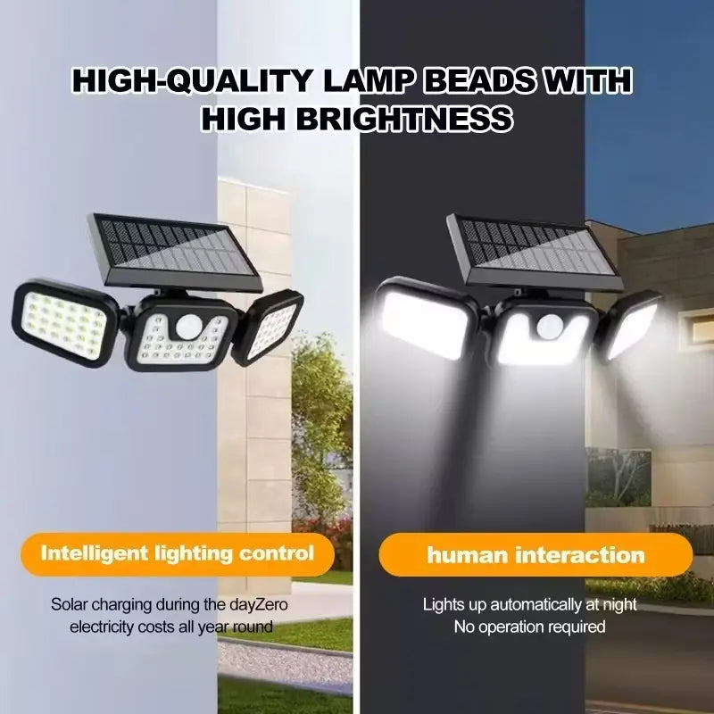 Solar Triple-Head Motion Sensor Wall Light with 3000 Lumens, 74 LEDs, 270° Wide Angle, and 2400mAh Battery for Outdoor Use