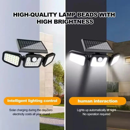 Solar Triple-Head Motion Sensor Wall Light with 3000 Lumens, 74 LEDs, 270° Wide Angle, and 2400mAh Battery for Outdoor Use