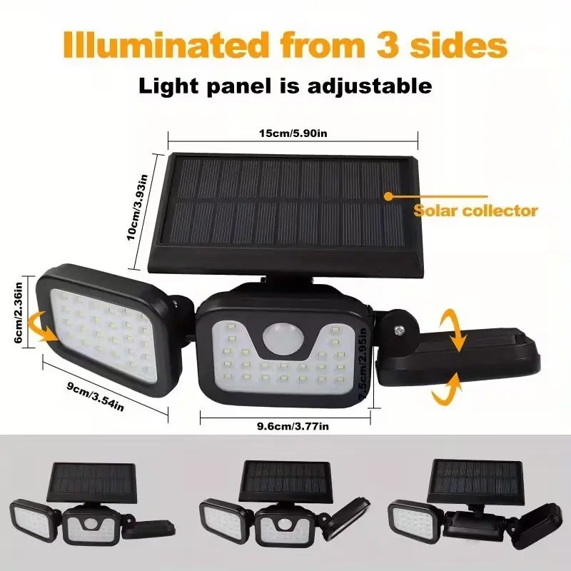 Solar Triple-Head Motion Sensor Wall Light with 3000 Lumens, 74 LEDs, 270° Wide Angle, and 2400mAh Battery for Outdoor Use
